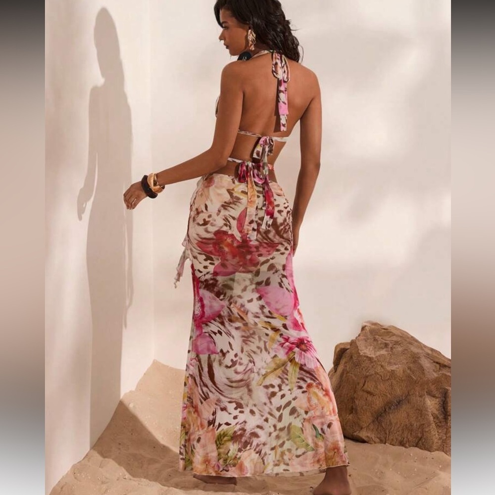 Opulessa Women's Floral Print Halter Criss-Cross Wrap Sleeveless Dress, - Picture 4 of 4